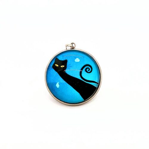 Pendentif acier inoxydable pendentif chat noir sur fond bleu pendentif cabochon