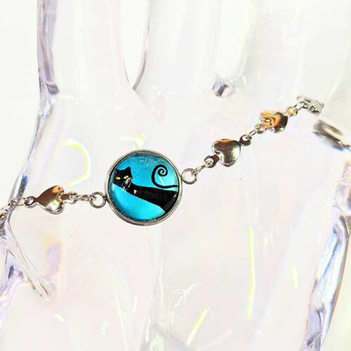 bijoux fait main bracelet acier inoxydable Chat noir sur fond bleu cabochon 12 mm