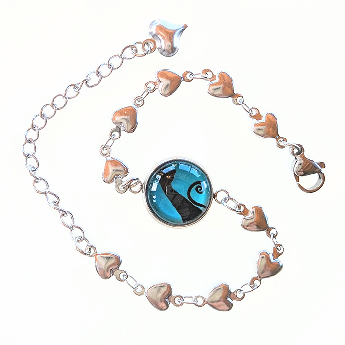 bijoux fait main bracelet acier inoxydable Chat noir sur fond bleu cabochon 12 mm