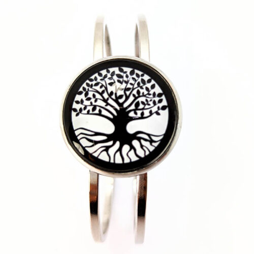 Bracelet Arbre de vie avec racines et feuilles argent rodium cabochon fait main bijou artisanal bracelet spirituel