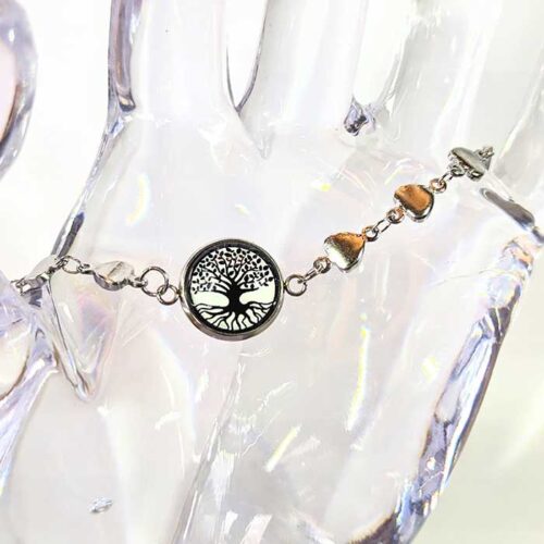 Bijoux faits main - Bijou fait main - bracelet acier inoxydable Arbre de vie belles feuilles et racines cabochon 12 mm