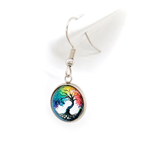 Boucles d'oreilles arbre de vie multicolore arbre de vie arc-en-ciel boucles d'oreilles en acier inoxydable cabochon verre spirituel spiritualité