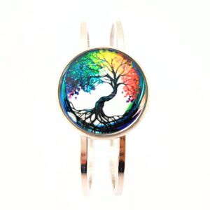 Bracelet argent Arbre de vie feuilles multicolores arc-en-ciel