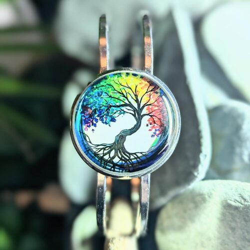 Bracelet arbre de vie feuilles multicolores argent rodium cabochon fait main bijou artisanal bracelet spirituel