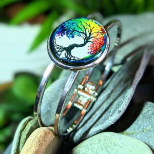 Bracelet argent Arbre de vie feuilles multicolores arc-en-ciel
