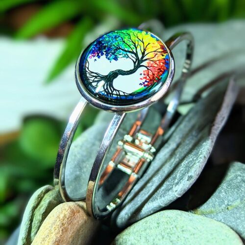Bracelet arbre de vie feuilles multicolores argent rodium cabochon fait main bijou artisanal bracelet spirituel