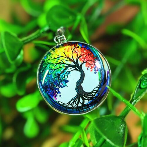Pendentif acier inoxydable pendentif arbre de vie arc en ciel bijou pendentif cabochon pendentif spirituel arbre feuilles multicolores arc-en-ciel
