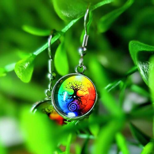 Boucles d'oreilles arbre de vie fond multicolore arbre de vie arc-en-ciel boucles d'oreilles en acier inoxydable cabochon verre spirituel spiritualité