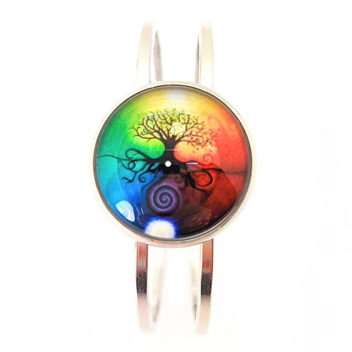 Bracelet arbre de vie fond arc-en-ciel argent rodium cabochon fait main bijou artisanal bracelet spirituel