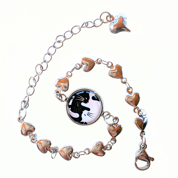 Bijoux fait main bracelet acier inoxydable Chat yin-yang cabochon 12 mm