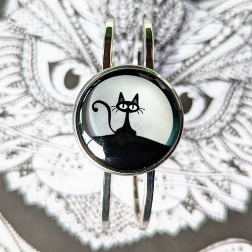 Bracelet chat noir gris argent rodium cabochon fait main bijou artisanal