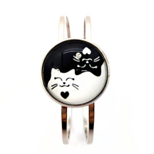 Bracelet chat kawai Yin Yang noir et blanc argent rodium cabochon fait main bijou artisanal