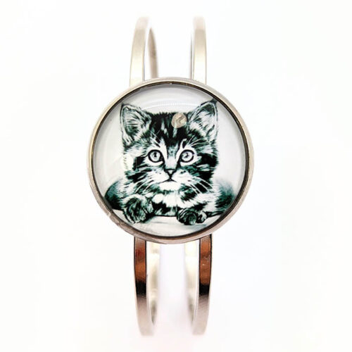 Bracelet chaton argent rodium cabochon fait main bijou artisanal chaton noir et blanc