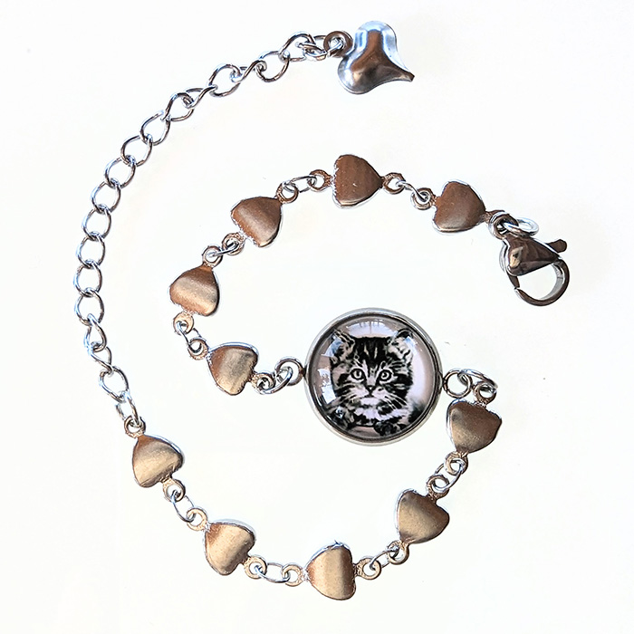 Bijoux fait main bracelet acier inoxydable Chaton noir et blanc cabochon 12 mm