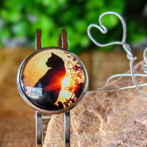 Bracelet silhouette de chat coucher de soleil argent rodium cabochon fait main bijou artisanal