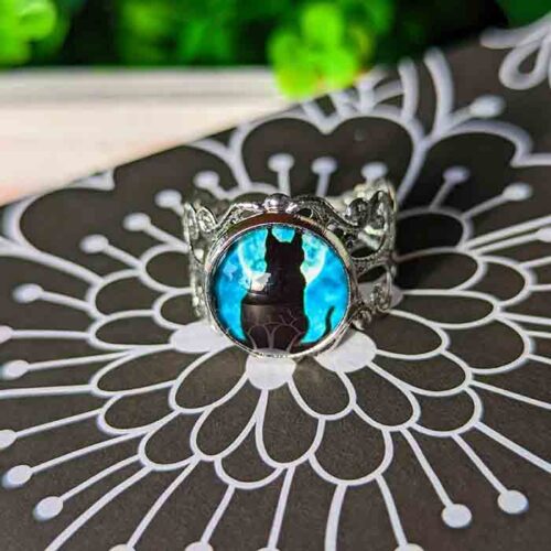 Bague ciselée réglable ajustable bague silhouette chat clair de lune cuivre plaqué rhodium