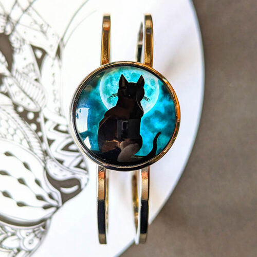 Bracelet silhouette de chat clair de lune argent rodium cabochon fait main bijou artisanal