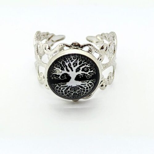 Bague ciselée réglable ajustable bague arbre de vie cabochon cuivre plaqué rhodium bracelet spirituel