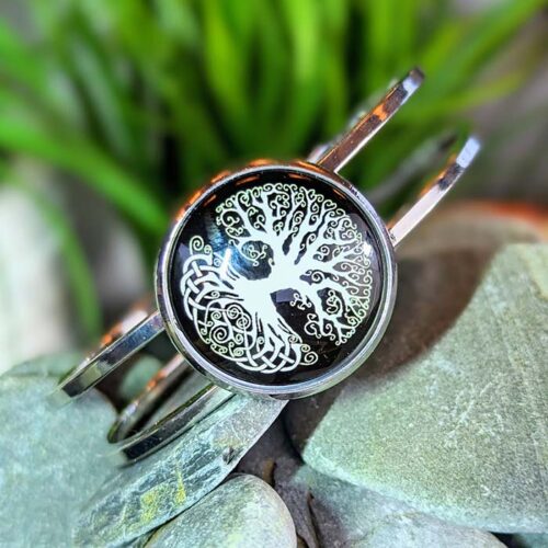 Bracelet arbre de vie blanc fond noir argent rodium cabochon fait main bijou artisanal bracelet spirituel