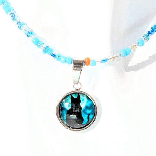 Collier perles rocaille pendentif silhouette chat clair de lune collier en perles de rocaille femme La Manche Miniature pendentif chat lune bleu