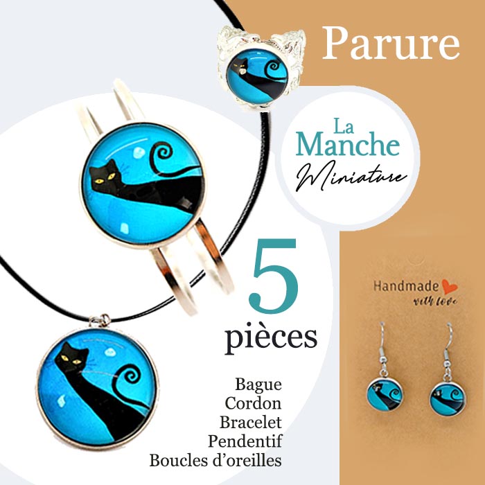 Parure 1 Chat noir sur fond bleu Bracelet Boucles oreilles bague pendentif cordon LA MANCHE MINIATURE
