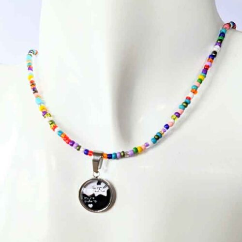 Collier perles rocaille pendentif Chat kawai kawaï Yin Yang collier en perles de rocaille femme La Manche Miniature pendentif chat noir et blanc