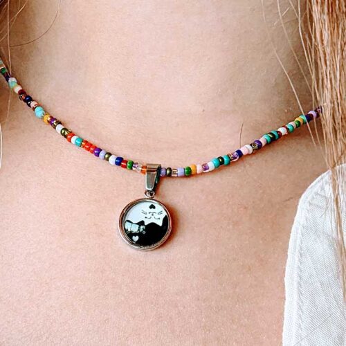 Collier perles rocaille pendentif Chat kawai kawaï Yin Yang collier en perles de rocaille femme La Manche Miniature pendentif chat noir et blanc