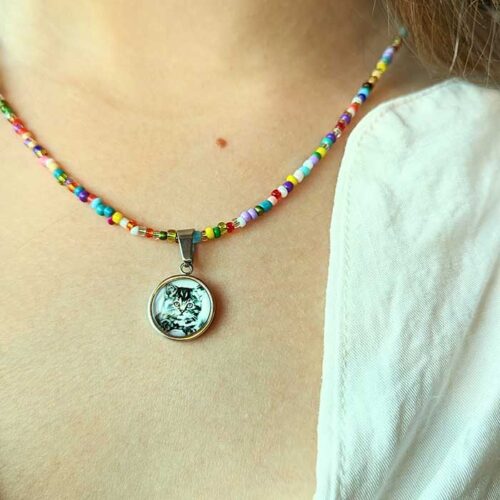 Collier perles rocaille pendentif chaton collier en perles de rocaille femme La Manche Miniature pendentif chaton noir et blanc